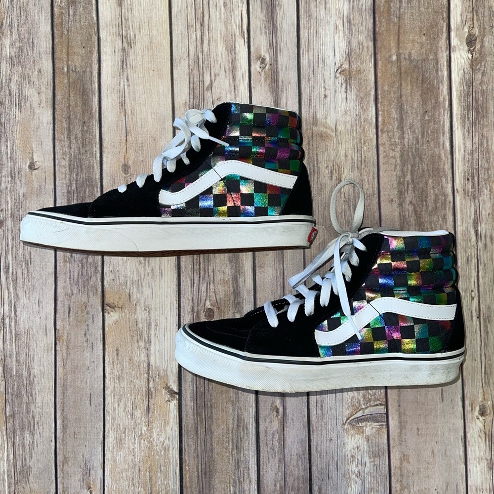 Vans Black High Top Sneakers with Iridescent Checkerboard